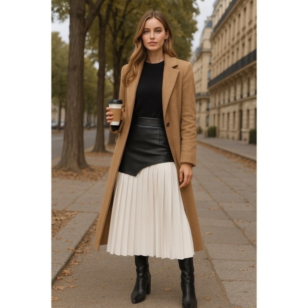 Micas Asymmetric Patchwork Faux Leather Chiffon Pleated Midi Skirt white M